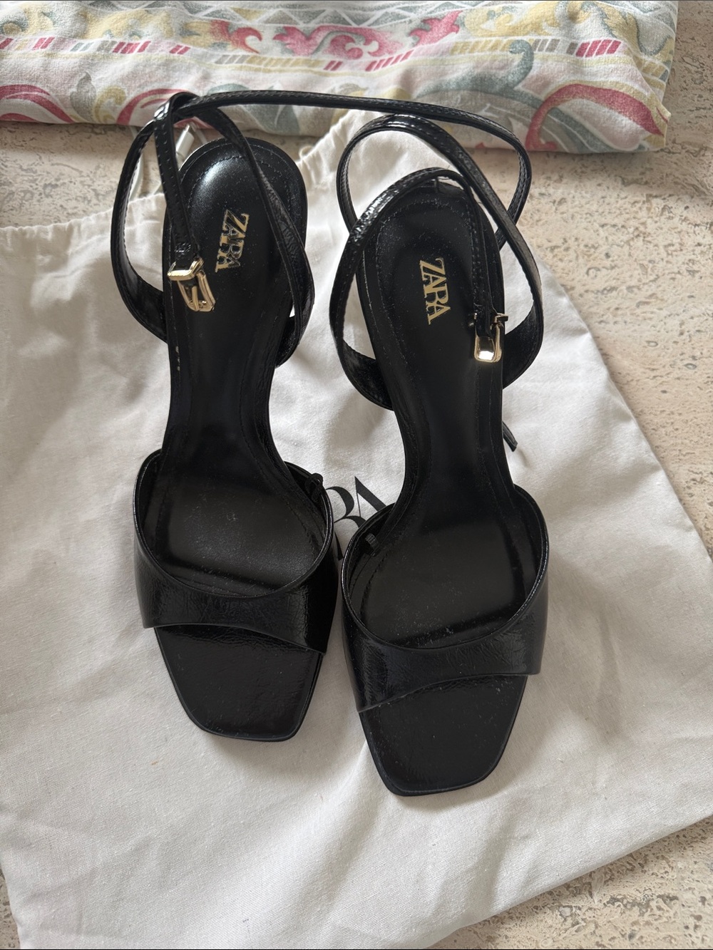 ZARA Black Patent Square-Toe Strappy Heels